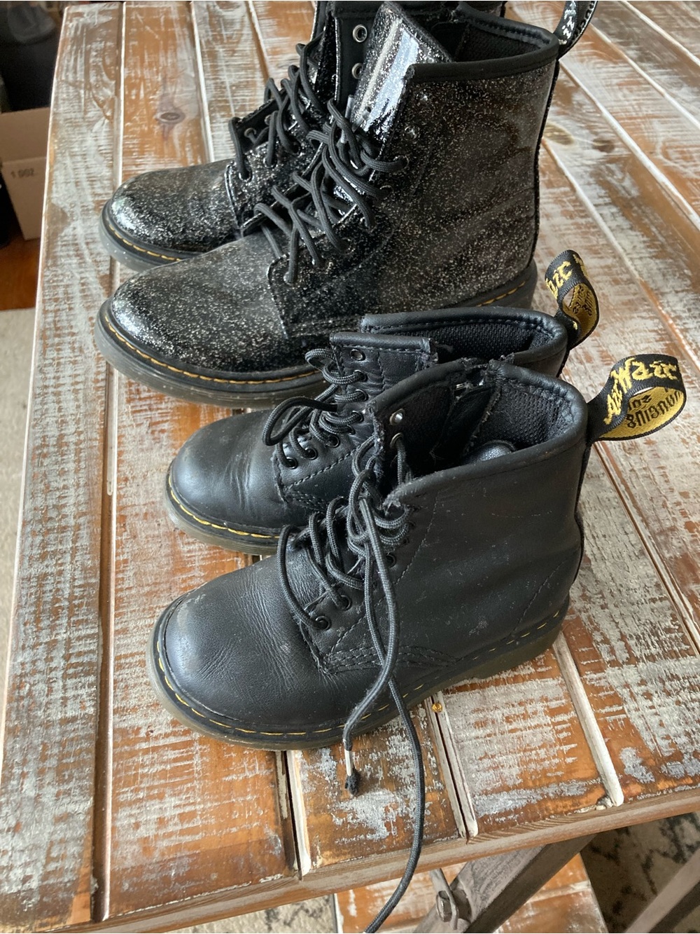 Dr. Martens Kids Black Lace-Up Ankle Boots with Yellow Heel Loop